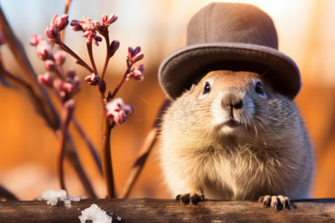 Groundhog wearing elegant hat peeking over wooden fence in winter - yliv