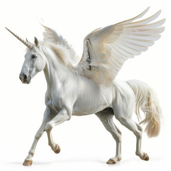 White unicorn galloping with unfurled wings on white background - yliv