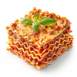 Delicious lasagna bolognese presenting fresh basil leaves on white background - yliv