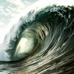 Giant ocean wave breaking with sunlight shining through - yliv