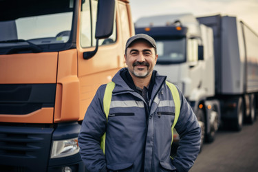 Truck driver smiling proudly in front of semi trucks - yliv