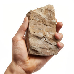 Construction worker holding large piece of sandstone rock - yliv