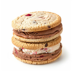 Delicious ice cream sandwich cookies stacked high, featuring chocolate chips and dried cranberries - yliv