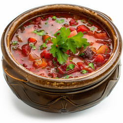 Украинский борщ со свеклой, морковью, картофелем, капустой, говядиной и свежей зеленью в коричневой керамической миске - yliv