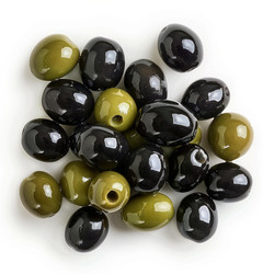 Green and black olives piled together on white background - yliv