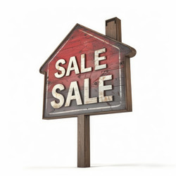 House shaped wooden sign showing sale writing promoting real estate offer - yliv