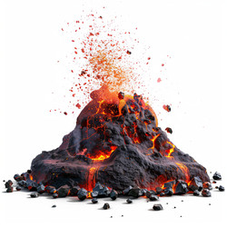 Volcano erupting with molten lava and rocks on white background - yliv