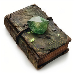 Ancient book holding magical green crystal with white background - yliv