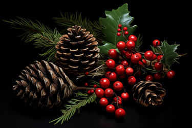 Pine cones and holly berries creating festive christmas decoration on black background - yliv