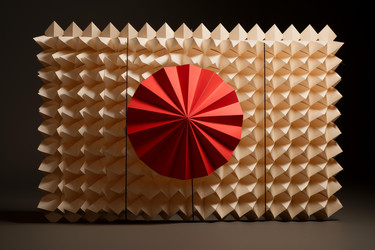 Red origami sun shining on textured beige background - yliv