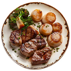 Grilled beef tenderloin steaks and seared scallops with roasted broccolini, surf and turf dish - yliv