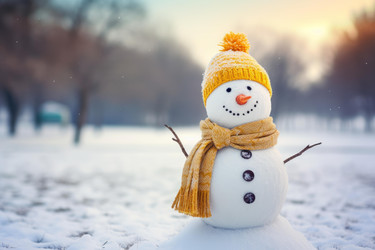Snowman wearing yellow hat and scarf enjoying winter wonderland - yliv