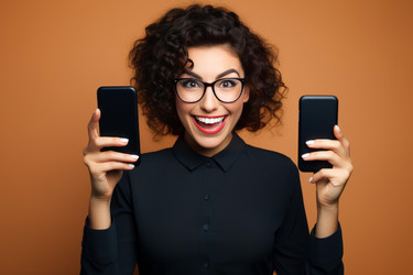 Excited businesswoman showing two smartphones with blank screen on orange background - yliv