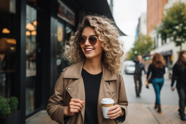 Улыбается молодая женщина идет по улице, держа кофе и носить солнцезащитные очки - yliv