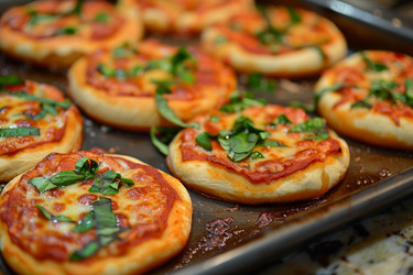 вкусная мини-пицца, запекающаяся на противне, украшенная свежим базиликом - yliv