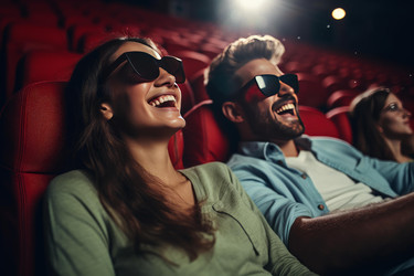 Молодая пара в 3d-очках смотрит комедийный фильм и смеется в кинотеатре - yliv