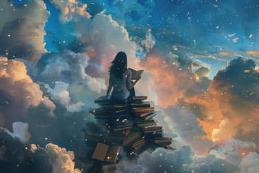 молодая женщина читает книгу, сидя на стопке книг над облаками - yliv