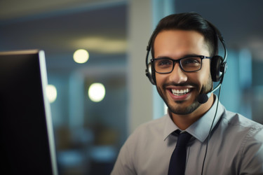 Smiling male operator wearing headset working late at night in office - yliv