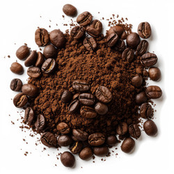 Roasted coffee beans surrounding pile of fresh ground coffee on white background - yliv