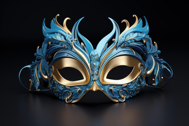 Elegant blue and gold venetian mask resting on dark surface - yliv