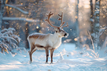 Reindeer standing in snowy forest during light snowfall - yliv