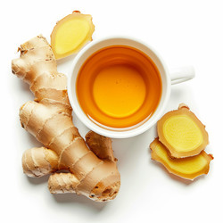 Cup of ginger tea with fresh ginger root on white background - yliv