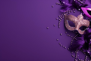 Carnival masks and feathers creating festive purple background - yliv