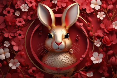 Golden rabbit celebrating lunar new year amidst red flowers - yliv