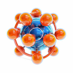 Orange spheres orbiting a blue core, scientific abstract visualization - yliv