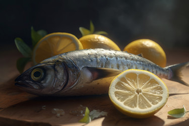 Cooked mackerel in foil with lemon pieces. Generate ai - yliv