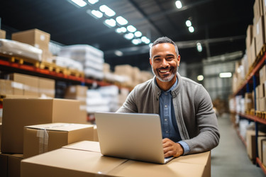 Happy mature manager using laptop and checking stock in warehouse - yliv