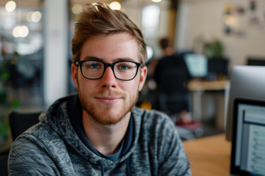 Young professional smiling in busy open plan office - yliv
