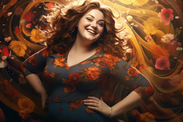 Beautiful plus size woman smiling with autumnal floral background - yliv