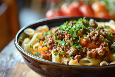 пенне с соусом болоньезе, украшенное свежей петрушкой и тертым сыром - yliv