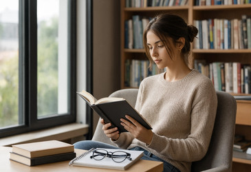 Девушка читает книгу в кресле у окна - brillenstimmer