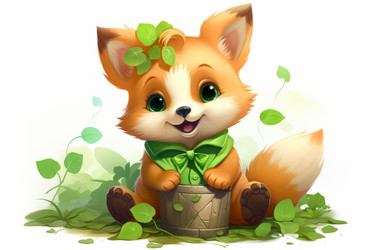 Adorable fox cub wearing green bow tie and sitting on wooden bucket - yliv
