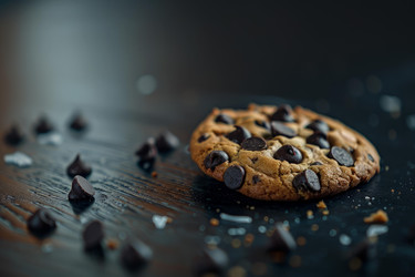 Delicious chocolate chip cookie resting on dark wooden table with scattered chocolate chips and crumbs - yliv