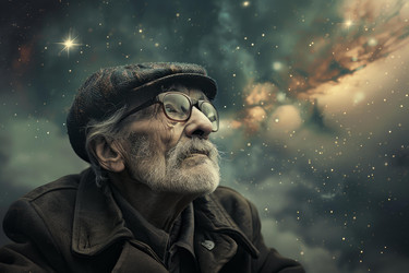 Senior man looking up at the starry night sky, contemplating the universe - yliv