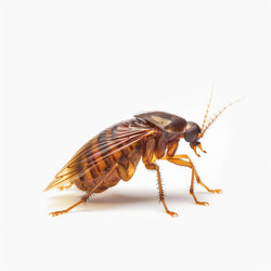 Roach crawling on white background showing wings and antennae - yliv