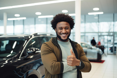 счастливый клиент показывая пальцы вверх в автосалон  - yliv