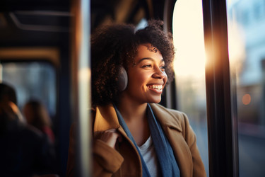 Young woman wearing headphones listening to music on bus during commute - yliv