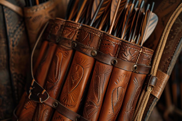 Leather quiver holding arrows with beautiful tooled designs - yliv