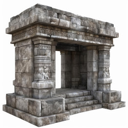 Ancient stone temple gate with intricate carvings isolated on white - yliv