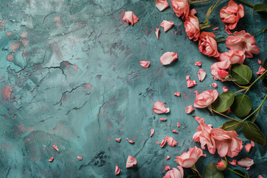 Pink roses and petals scattered on a textured teal background - yliv