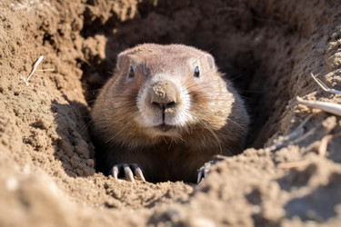Groundhog peeking out of its burrow on sunny day - yliv