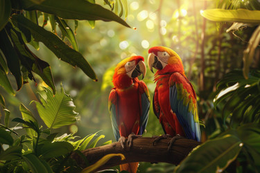 два алых ара примостились на ветке в пышном тропическом лесу - yliv