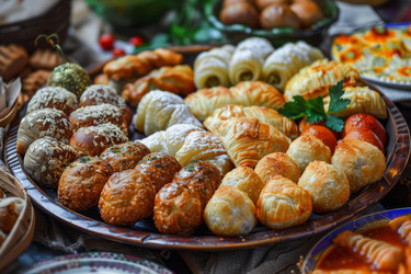деревянный поднос, переполненный вкусной пикантной и сладкой выпечкой для праздничного застолья - yliv