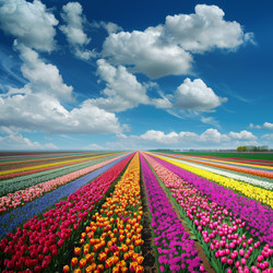 Colorful blooming tulip field under scenic cloudy sky in spring - yliv