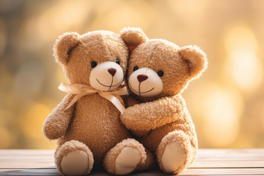 Two teddy bears hugging on wooden table with golden bokeh background - yliv