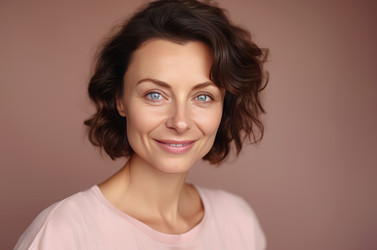 Joyful brunette with short curly hair studio portrait. Generate ai - yliv